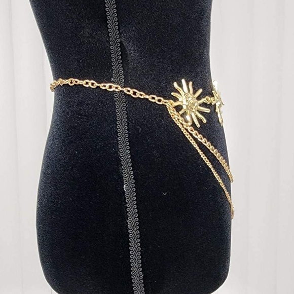 Celestial Sun Multi Layer Chain Statement Belt Metal Waist Belt Adjustable Gold - Picture 4 of 10